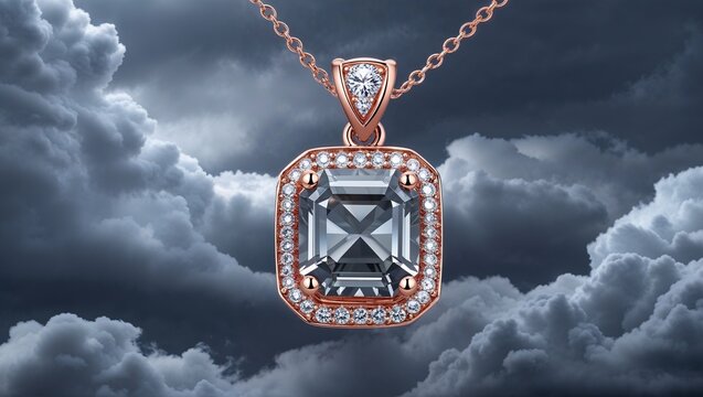 Asscher cut gray moissanite step pendant in rose gold moody on stormy cloud layers