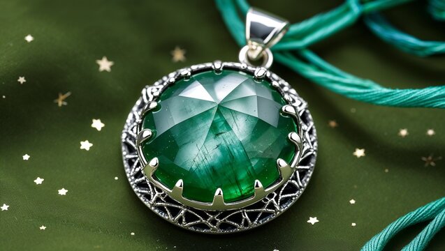 Round star diopside cabochon pendant in sterling silver mystical on green starry night silk