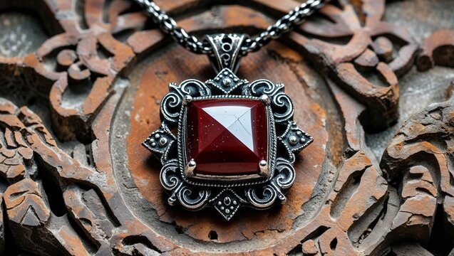 Square bloodstone gothic pendant in blackened silver chain low key on ancient stone carving