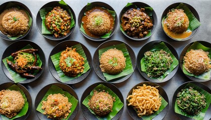 Fototapeta premium Assorted Indonesian rice dishes served on banana leaves in flat lay composition