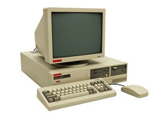 Vintage beige desktop computer with crt monitor keyboard and mouse isolated on transparent background