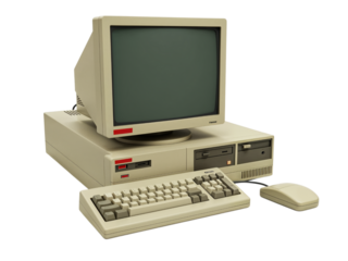 Vintage beige desktop computer with crt monitor keyboard and mouse isolated on transparent background