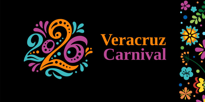 Carnival in Mexico 2026. Text on the black background with numbers 2026. Colorful banner, poster, illustration. Mexican carnival week in february. Hispanic decoration