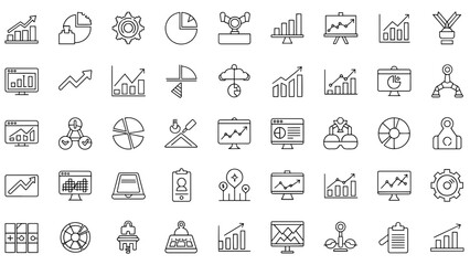 A collection of simple line art icons related to business, finance, and data analysis. These black and white illustrations depict charts, graphs, diagrams, and technology devices © joni