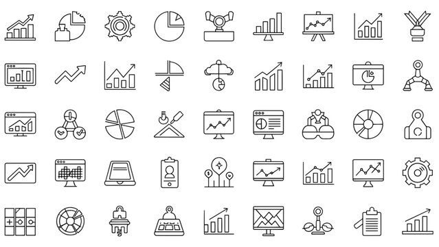 A collection of simple line art icons related to business, finance, and data analysis. These black and white illustrations depict charts, graphs, diagrams, and technology devices