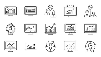 Fototapeta premium A collection of simple line art icons. The icons feature graphs, monitors with data, business professionals, and person-centered illustrations