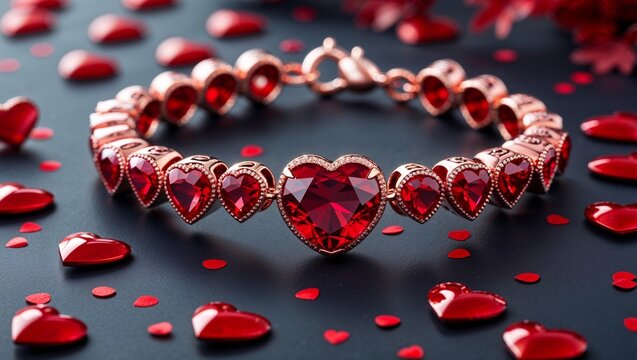 Heart red spinel romantic charm bracelet in rose gold vintage hearts on scattered red confetti