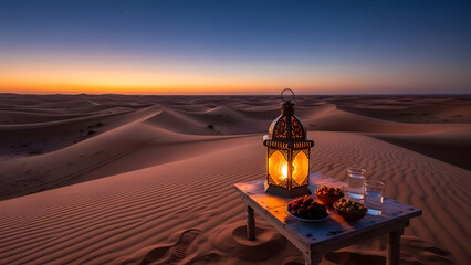 Ramadan Iftar with Dates and Lantern at Sunset