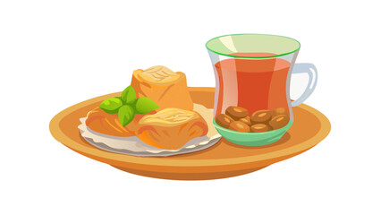 Vector illustration of Arabic tea in a glass and a plate of traditional sweets like Baklava, hospitality concept