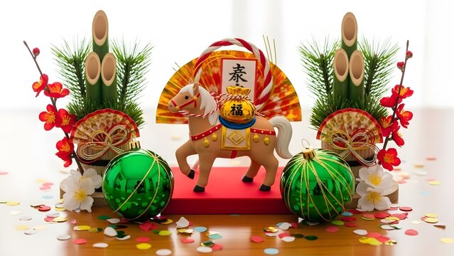 Japanese New Year Kadomatsu and Zodiac Horse Decoration