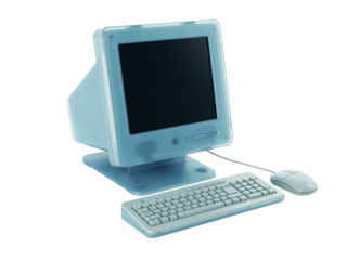 Retro desktop computer with monitor keyboard and mouse isolated on transparent background
