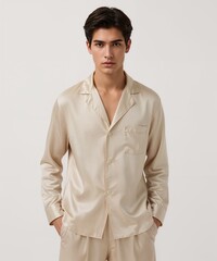 smiling filipino guy on oversized shirt fit model pose on white background