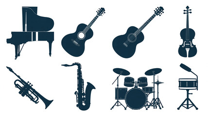 Collection of musical instrument silhouettes including piano guitar violin trumpet saxophone and drum set for music-related concepts and designs © Tanzeel
