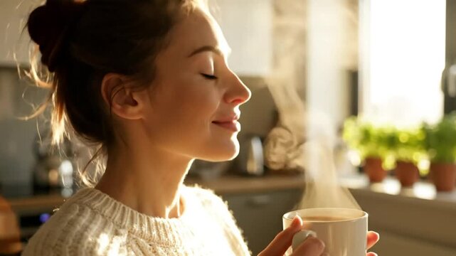 Woman enjoying a cup of coffee while bathed in sunlight in her kitchen, appreciating morning ritual