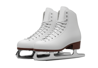 transparent leather classic figure skates with highly polished chrome blades and mahogany soles, isolated on a neutral gray studio background, 3/4 view angle. concept for high-end product catalog