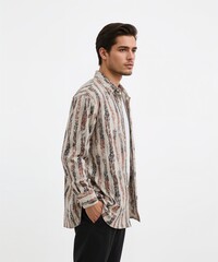 smiling filipino guy on oversized shirt fit model pose on white background