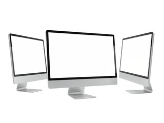Three modern all in one desktop computers with blank white screens arranged in a staggered formation isolated on transparent background