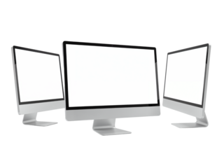Three modern all in one desktop computers with blank white screens arranged in a staggered formation isolated on transparent background