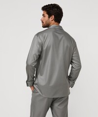 side view filipino guy on oversized shirt fit model pose on white background