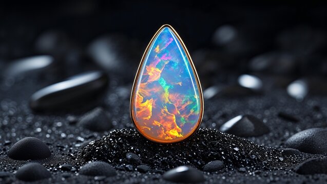 Pear Ethiopian opal jelly intense pin in platinum liquid fire iridescent on black volcanic sand scatter