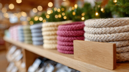 Pet store shelves with colorful leashes and bowls displayed in warm ambient light