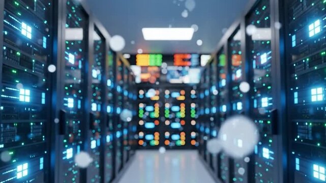 Corridor of illuminated server racks with glowing lights, representing data storage and processing.