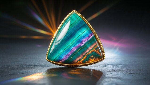 Trilliant andalusite pleochroic shift pin in yellow gold tri color flash dual angle dramatic lighting background