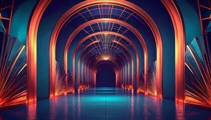 Modern Art Deco abstract 2D flat gold lines, symmetrical fans and arches, deep emerald green background with luxury professional style.