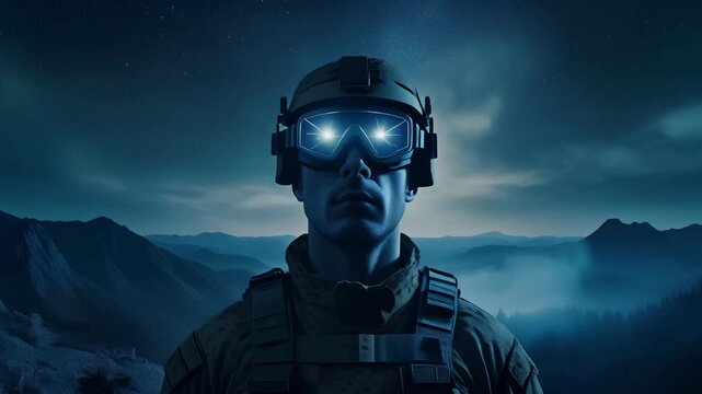 Futuristic soldier wearing advanced night vision goggles on a covert mission. Special forces operative in tactical gear against a mountain landscape under a starry night sky
