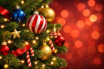 Obraz premium Decorated christmas tree with striped ornament and bokeh