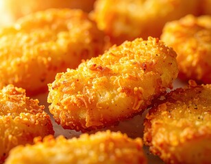 Golden crispy chicken nuggets in close-up, fast food photography highlighting crunchy texture.