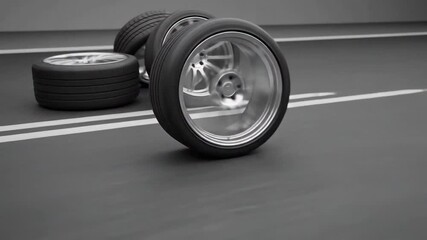 Four car tires on a grey road with white lines, representing transportation.