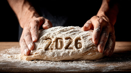 bread shaping the year 2026 on a wooden table with flour in a dark room. High definition photo