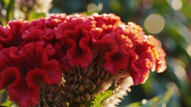 Close-up of Vibrant Red Cockscomb Flower Illuminated by Warm Sunlight in a Garden Setting with Bokeh