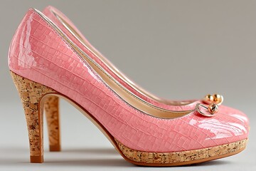 Elegant pink crocodile embossed heels with cork platform and delicate gold accent detail
