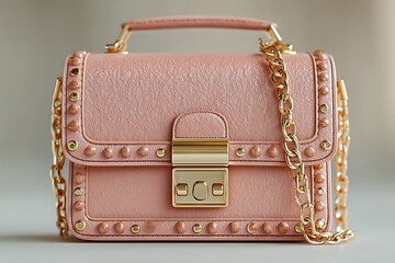 Elegant pink textured handbag with golden chain strap and stud details for women