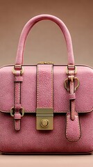 Elegant pink textured leather handbag with golden hardware, luxurious feminine designer purse close up