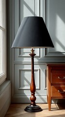 Elegant wooden floor lamp with black lampshade for living room ambiance lighting