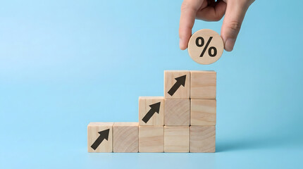Hand placing wooden block with percentage symbol on top of stair steps,concept of interest rate hike,financial inflation growth,economic tax increase and investment return strategy.