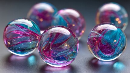 Macro photograph of translucent glass spheres with intricate colorful internal swirls and reflections