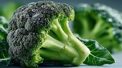 Fresh broccoli floret with water droplets on its green surface, healthy and vibrant look