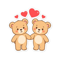 Two Adorable Cute Teddy Bears Holding Hands with Love Hearts Cartoon Character Illustration for Valentine Day and Anniversary