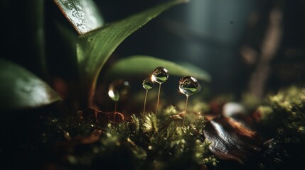Tiny translucent water spheres clinging precariously to moss and plant elements in a lush natural setting