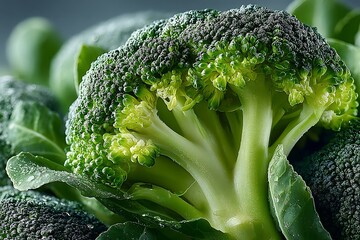 Fresh green broccoli florets and stem details, vibrant color, covered in clean water droplets