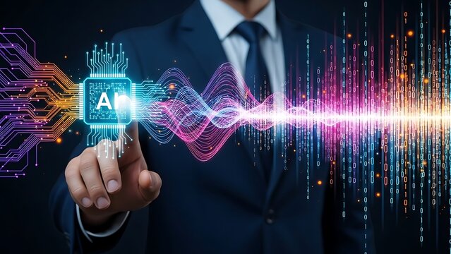 Businessman interacting with futuristic ai technology and digital waveform on dark background with colorful circuit board