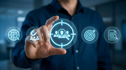 Businessman touching a virtual target icon with people inside on a digital screen,illustrating specific audience selection and customer segmentation,concept of recruitment focus.