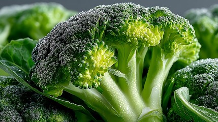 Fresh green broccoli florets macro closeup showing texture and vibrant color detail with water droplets