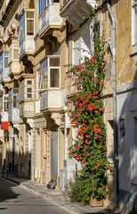 Valletta old town narrow street with traditional Maltese balconies and limestone facades