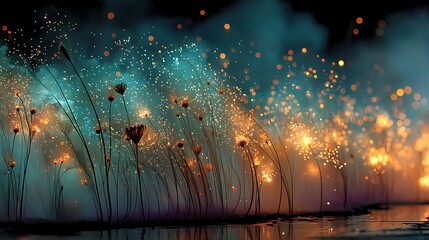 Glowing flowers with teal bokeh and water reflection create an ethereal, magical atmosphere