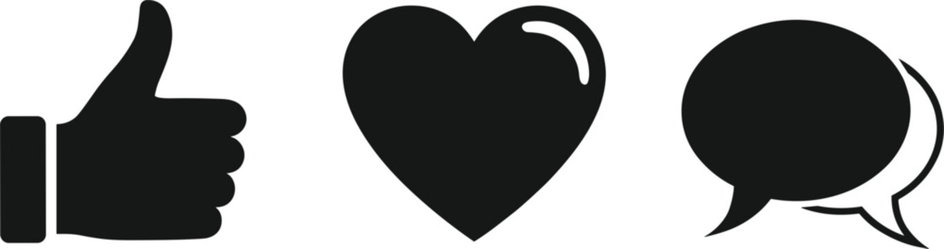 Black vector icon set for social media engagement featuring a thumbs up like heart and speech bubble comments.
